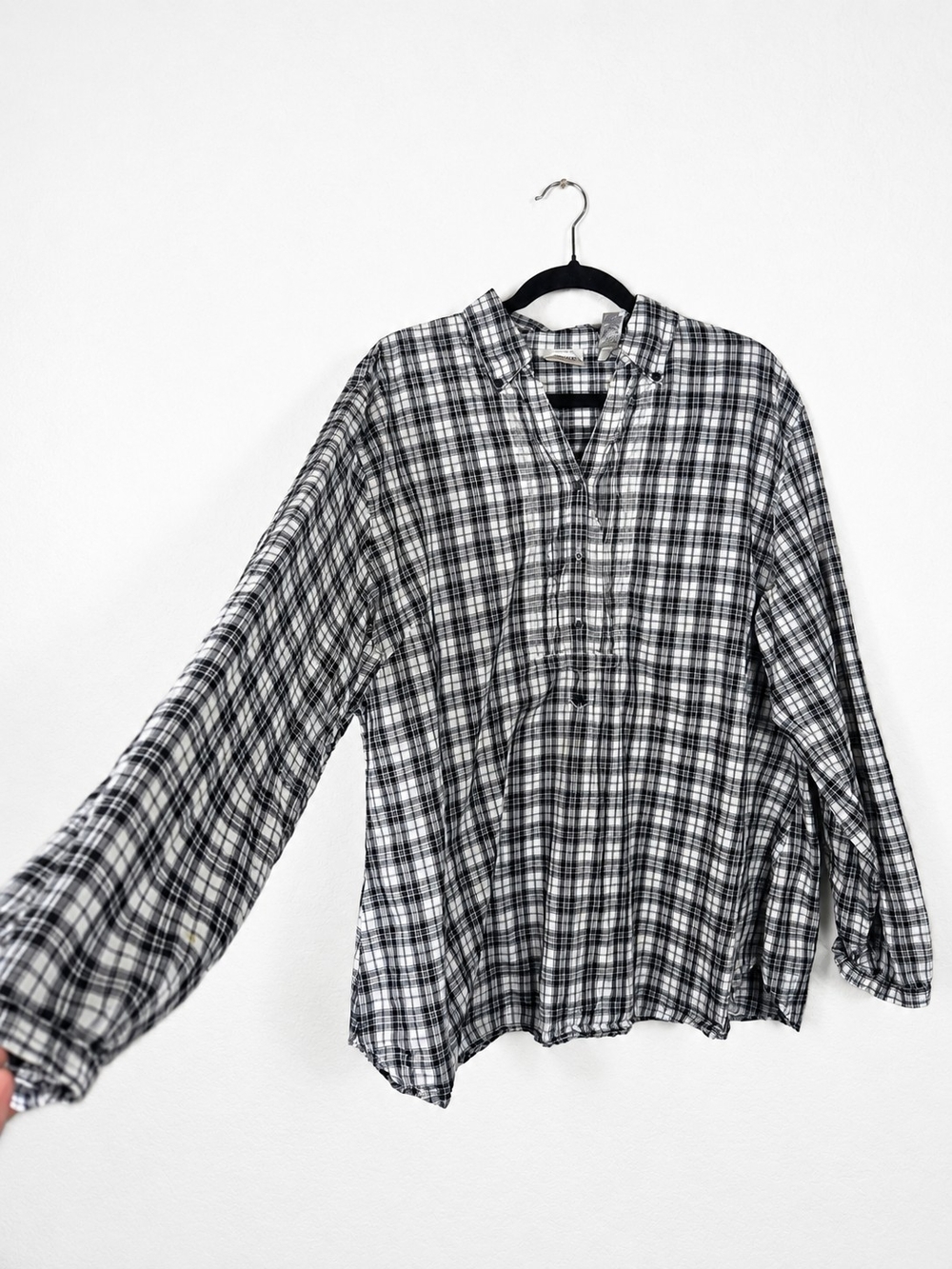 Vintage Chico's 3 XL Plaid Pintuck Roll Tab Shirt 90s Grunge Dark Academia